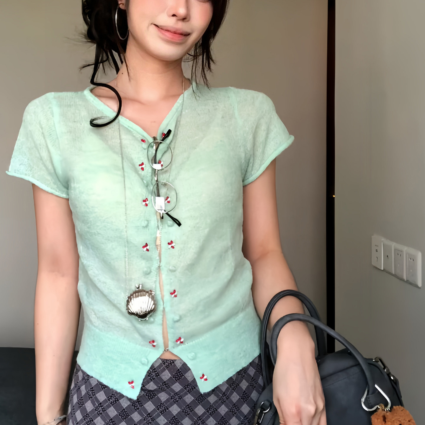 Mint Green Short-Sleeved Knitted Cardigan for Women in Spring and Summer, Beaded Hollow-Out Jacket, Slim Fit, Breathable Design Top