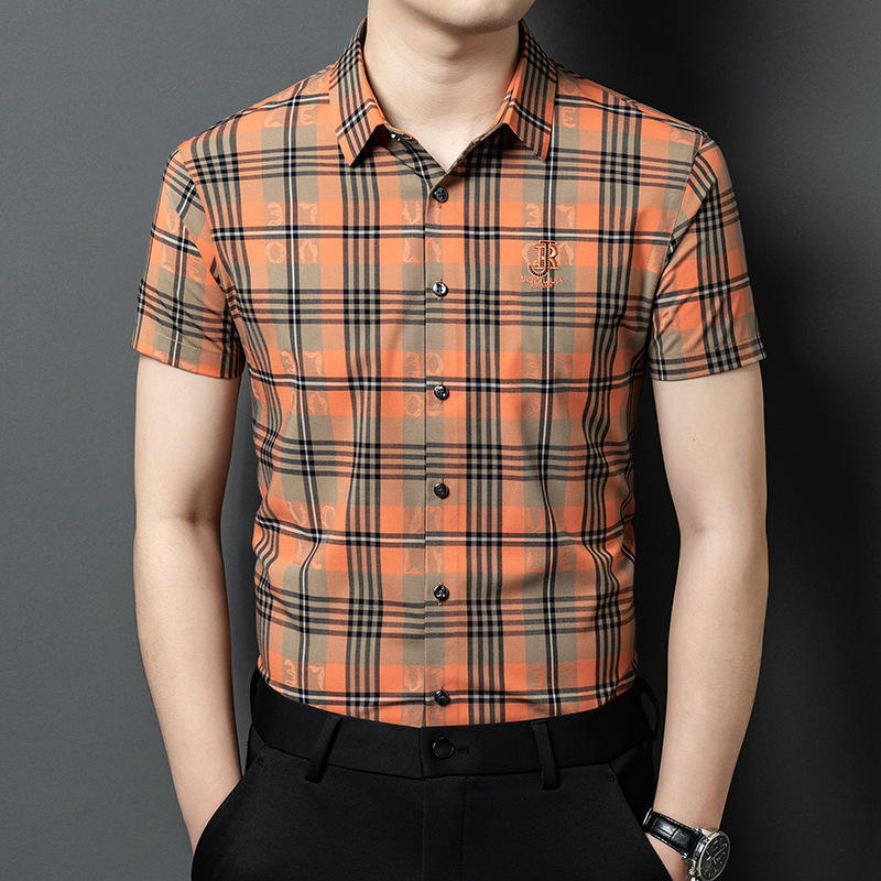 Summer Short-Sleeved Shirt Men's Business Casual Dad Fashion Embroidered High-End Woven Plaid Shirt Thin