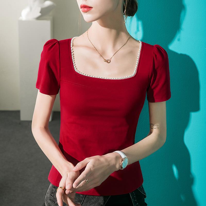 French Style Pearl Stitching Square Collar Short-sleeved T-shirt Women's Puff Sleeve Vintage 2023 Summer New Slim-fit Solid Color Top