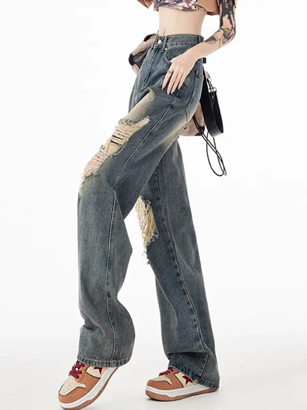 American retro ripped straight jeans for women Spring New High Street hot girl high waist slimming loose wide leg pants