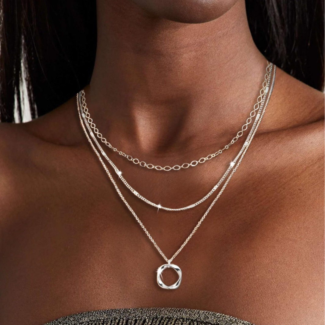 Amazon New Circle Square Brand Three-layer Stacked Wear Necklace Personalized Trendy Twist Chain Clavicle Chain for Women