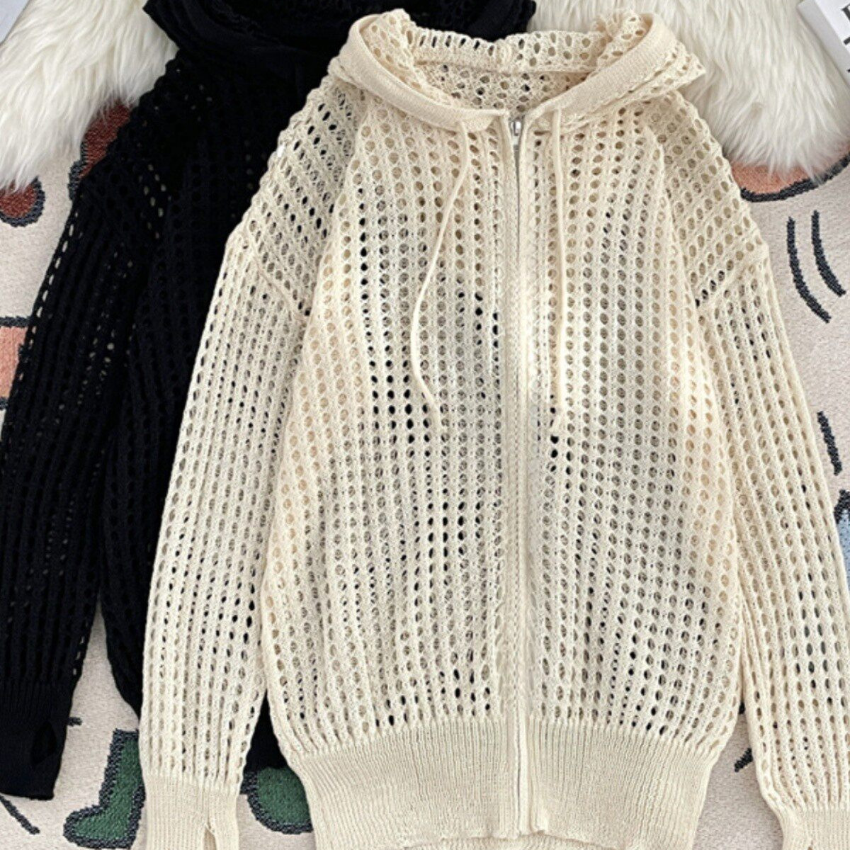 Lazy Style Hollow-Out Knit Cardigan for Women, Summer Thin Loose Sun Protection Clothing, Stylish Hooded Top, Long-Sleeve Jacket