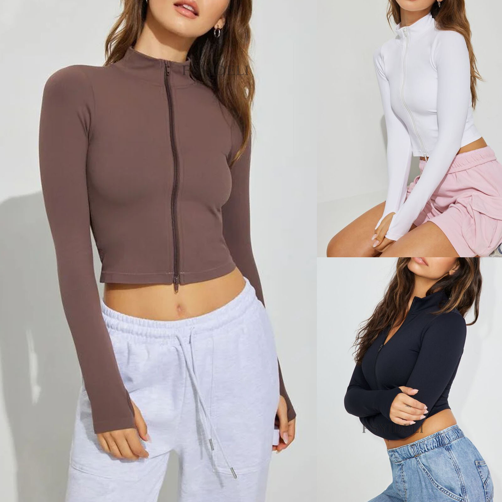 2024 Amazon European and American foreign trade yoga coat new sunscreen stand collar zipper cardigan sports long sleeve coat