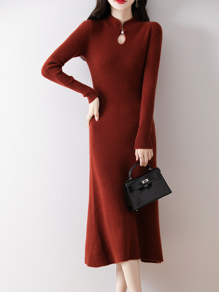 Pure Wool Knitted Over-the-Knee Dress Bride's Improved Cheongsam New Chinese Style Red Cashmere Knitted Banquet dress