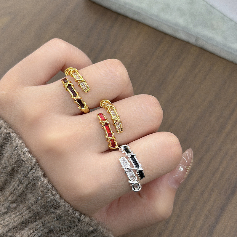 Cool and Stylish Light Luxury Retro Square Diamond Burgundy Enamel Cross Twist Open Ring Y2K Zircon Stackable Niche Ring