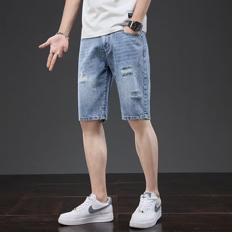 Men's ripped Denim shorts 2023 Summer thin fashion brand fifth pants casual trendy slim straight middle pants