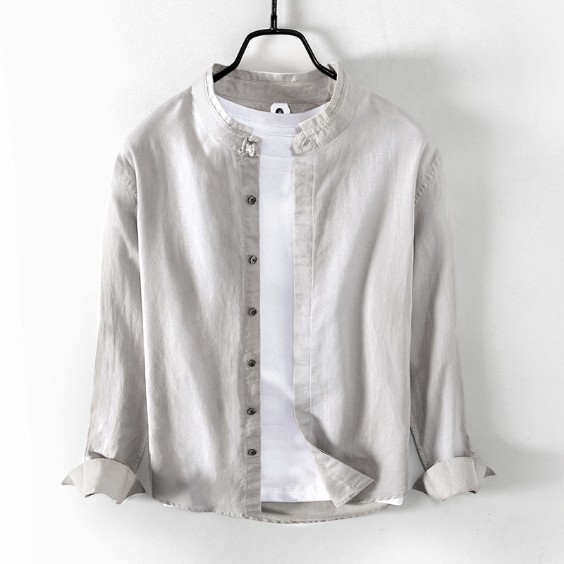 L861 casual long sleeve solid color shirt men's youth Chinese style simple buckle shirt men's cotton and linen a generation of hair