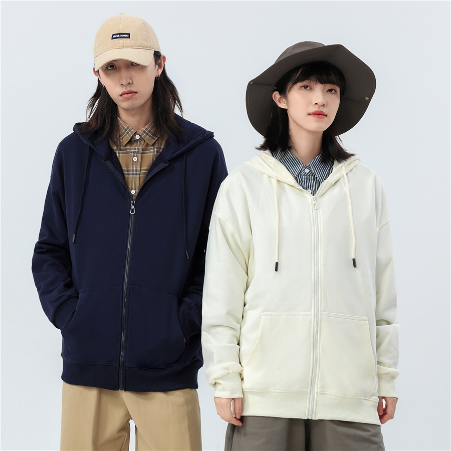300g Cotton Shoulder Sweater Hooded Zipper Sweater Loose Coat Hong Kong Style Party Student Class Clothes Printed LOGO