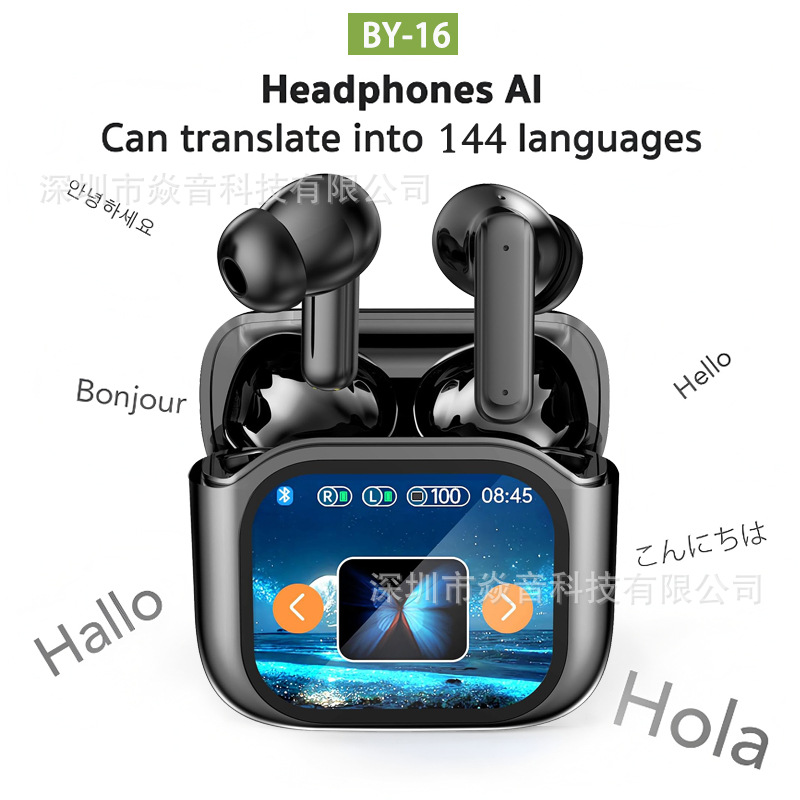 By16 Smart Ai Permanent Translation Bluetooth Headset with Color Touch Display Screen and Anc Noise Reduction Cross-Border Wholesale