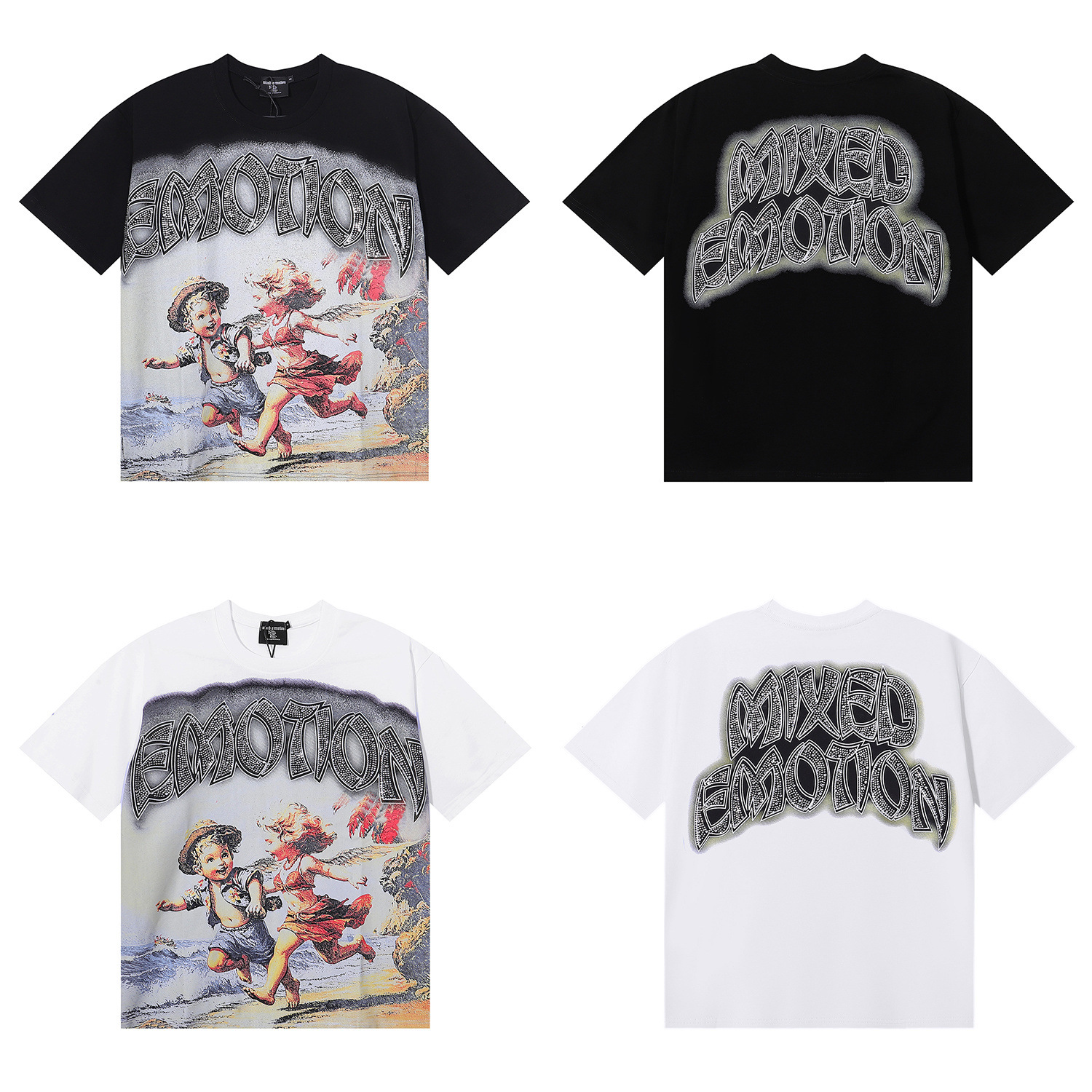 Mixed Emotion Seaside Running Angel Print Rhinestone Double Yarn Short Sleeve T-Shirt Unisex Trendy Brand