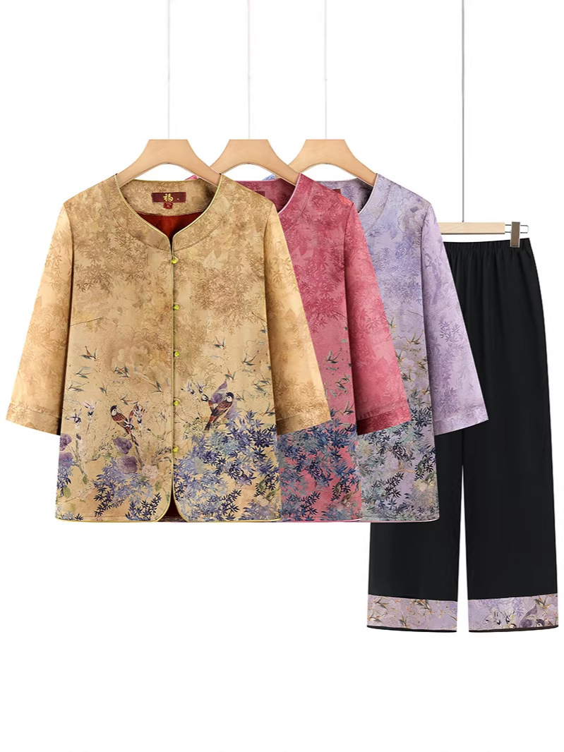 High-End Grandma-Style Silk Satin Shirt Set for 70-80 Year Old Elderly Women, Silky and Cool Cardigan Short-Sleeve Set