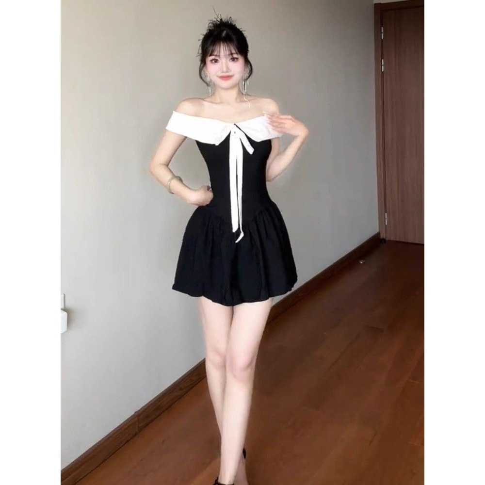 2026 French-Style Off-Shoulder Color-Block Bow Sweet and Spicy Dress for Women, Summer Waist-Cinching Slimming Pure Desire Versatile Short Dress