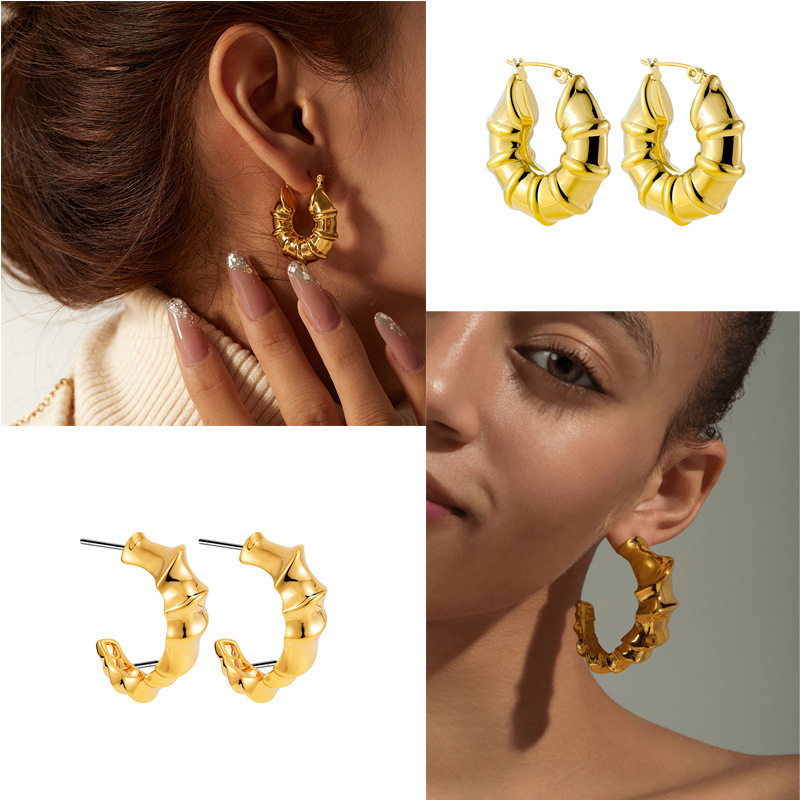 18K Gold Threaded Exaggerated Stainless Steel Bamboo Knot Thick C-Shaped Twist Earrings Spiral Large Earrings European and American Cross-Border Earrings