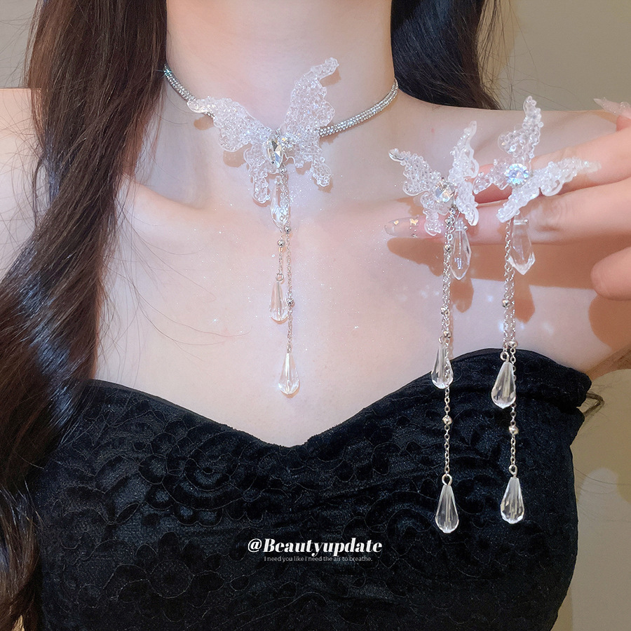 Super Fairy-Like and Beautiful Butterfly Tassel Ear Clip Necklace, Unique, Beautiful and Elegant Jewelry Set, Designer Niche Jewelry for Women