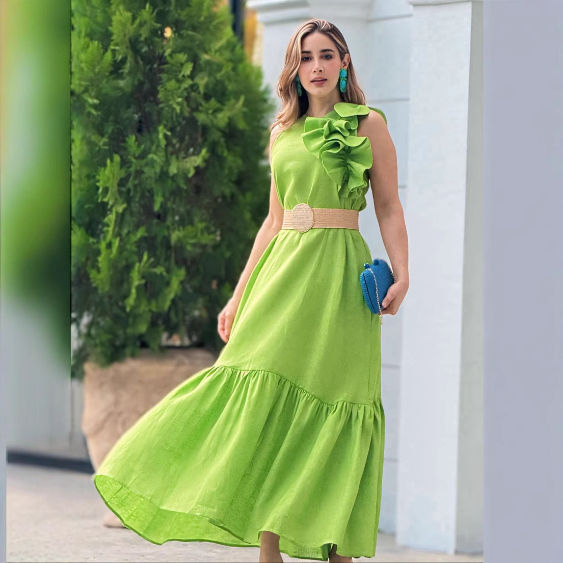 European and American Cross-Border Women's Clothing 2026 Summer New Style Ruffled Patchwork Round Neck Sleeveless Fashion Casual Dress
