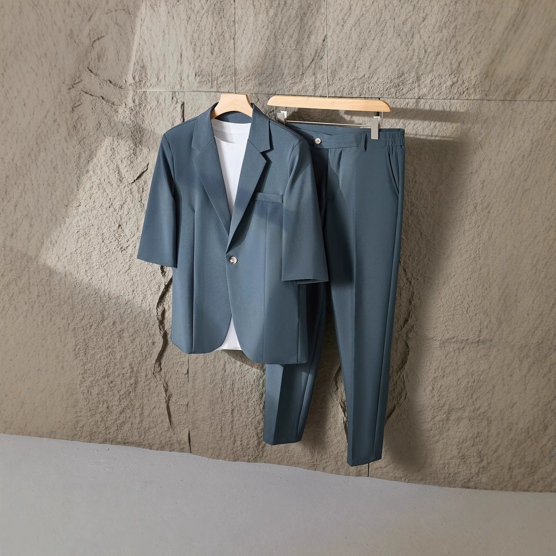 Light Mature Style Three-Quarter Sleeve Casual Suit for Men, Summer Thin Korean Style Loose Mid-Sleeve Men's Suit Two-Piece Set