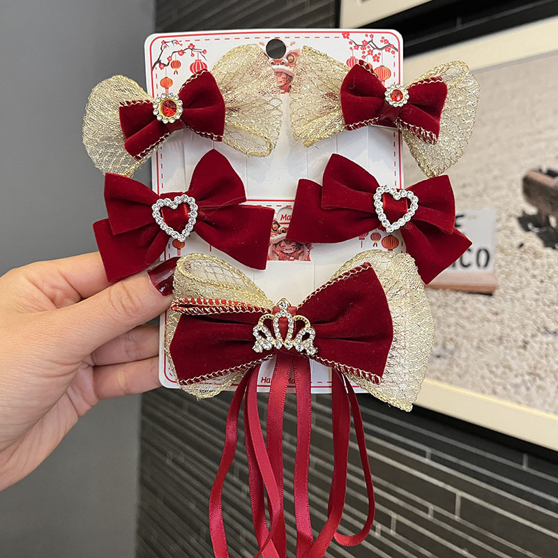 Crown double velvet red bow Ribbon Children's hairpin Princess hairpin hair rope girl's New Year head accessories