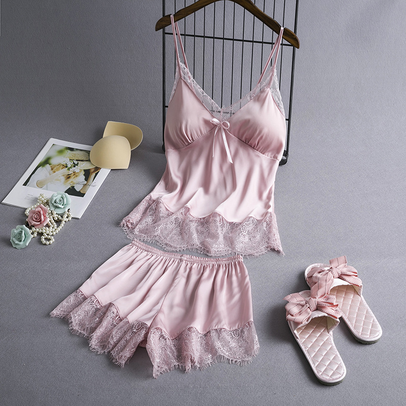 New pajamas Women's Ice Silk sexy suspender shorts two-piece suit artificial silk home wear sexy one-piece delivery