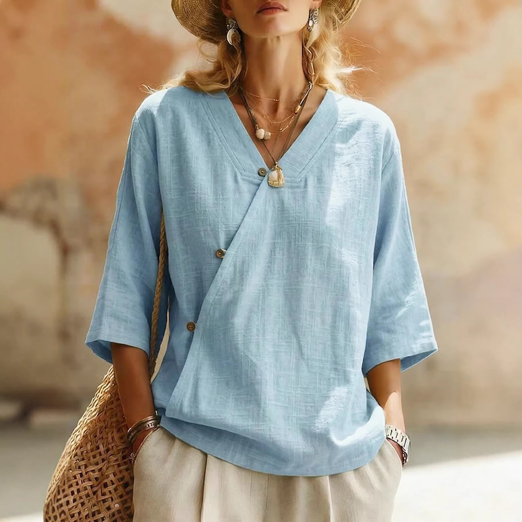2026 Spring/Summer Foreign Trade European and American Amazon Fashion New Solid Color Casual Button V-Neck Women's Cross-Border Top