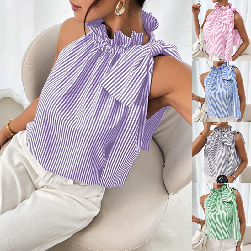 2026 Cross-Border Amazon Hot-Selling European and American Fashion Casual Sleeveless Striped Lace High-Neck Tie T-Shirt Top