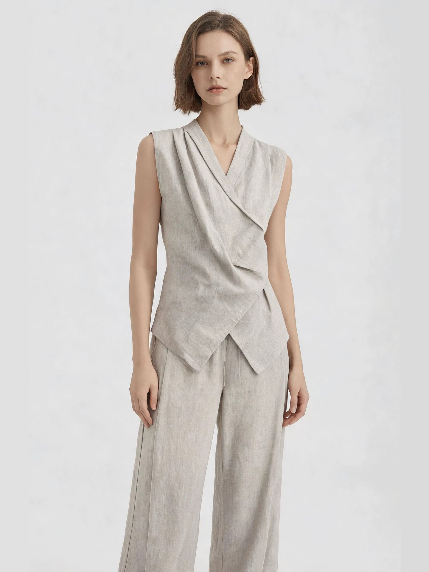 Bc Same Style Design-Inspired Old Money Style Linen Set for Women, Summer V-Neck Sleeveless Shirt Top + Wide-Leg Long Pants Two-Piece Set