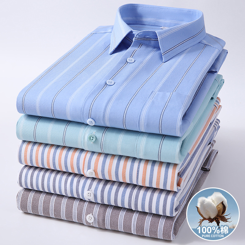 Summer New Short-sleeved Shirt Cotton Oxford Plaid Shirt Young and Middle-aged Men's Striped Fashion Casual Top