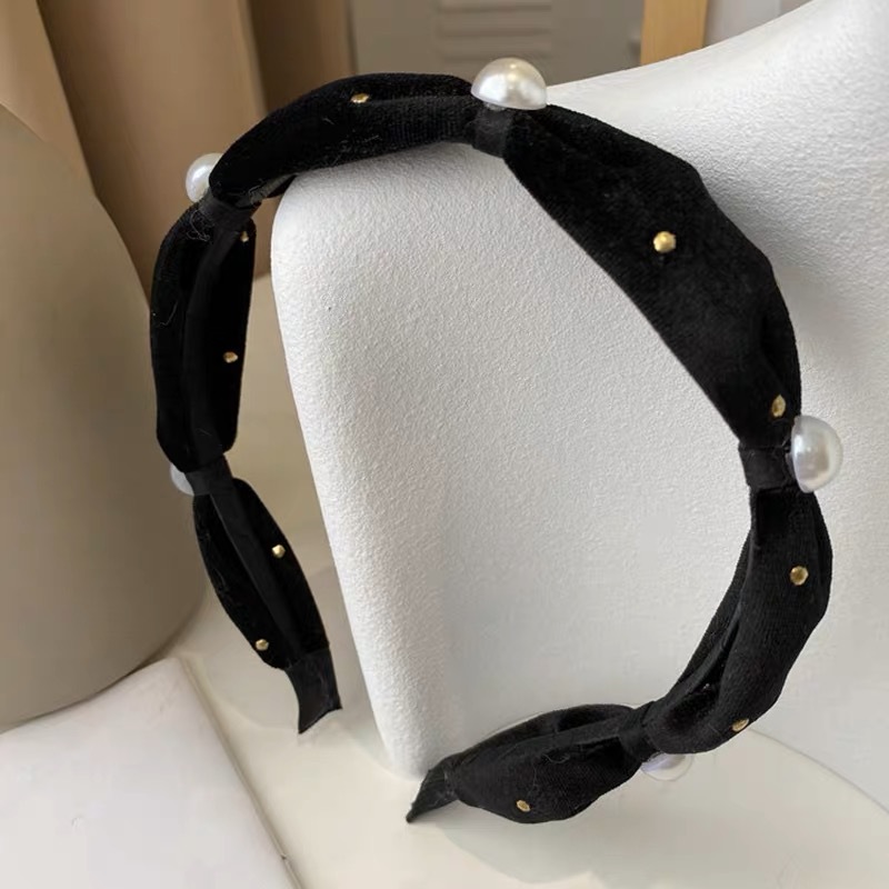 Velvet vintage headband ~ Chanel style Pearl Baroque court headband lns black high-grade bow hair accessories