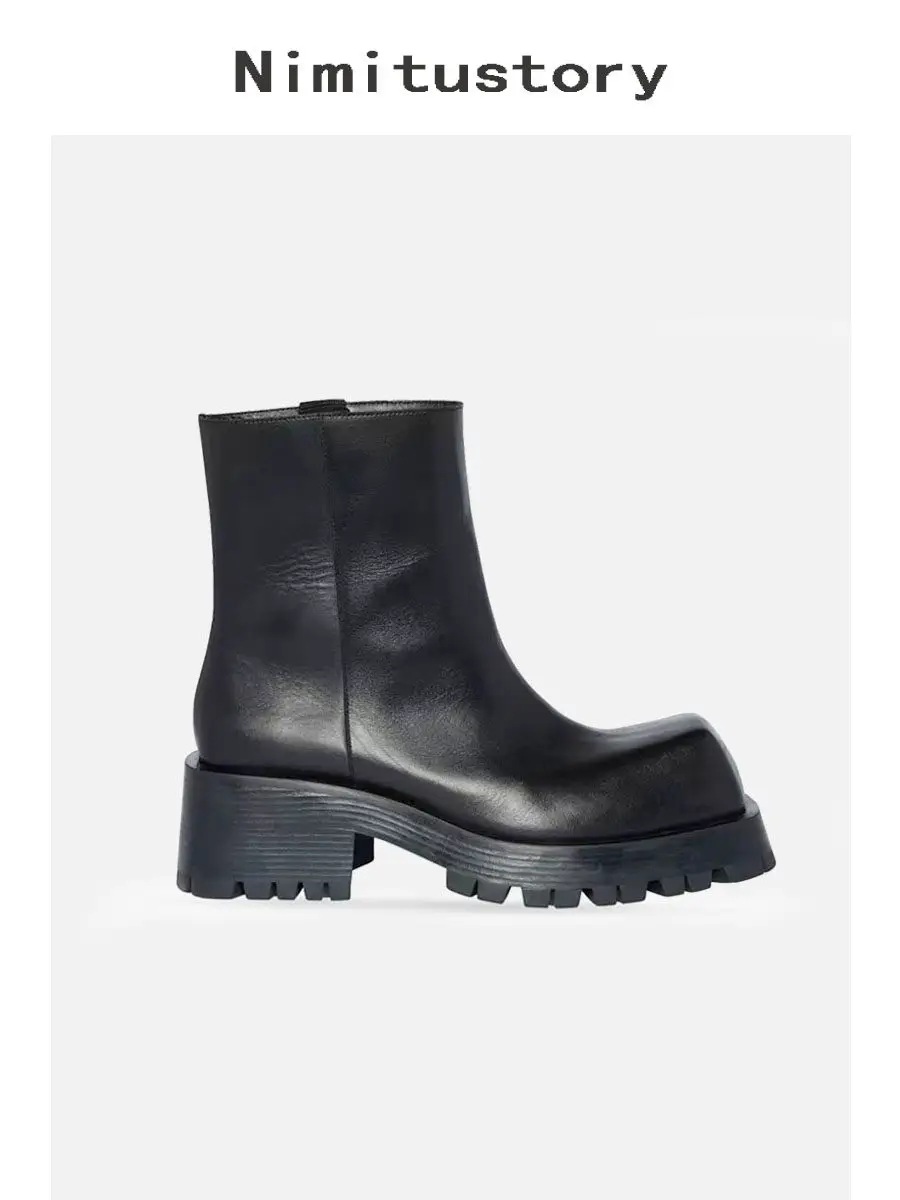 Linyeho Genuine Leather Paris Square Toe Thick Sole Martin Boots Women Height Increase Men Casual Chunky Boots Chelsea Boots