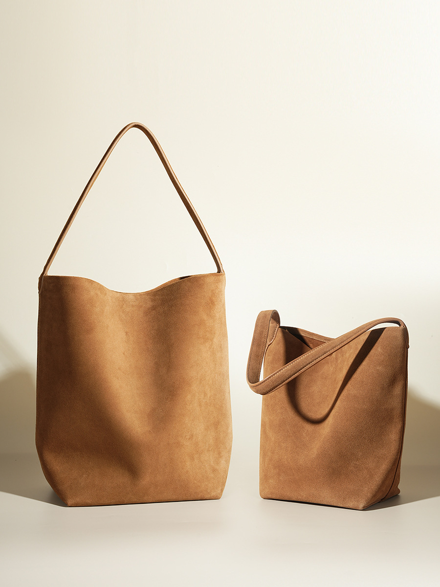 Vintage Suede High-grade Tote Bucket Bag Frosted Cowhide Large Capacity Hand-held Shoulder Tote Bag