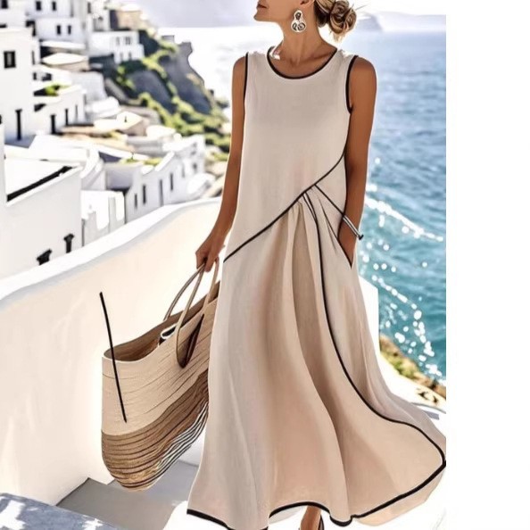 2026 New European and American Summer Women's Dress, Mediterranean Vacation Style Dress, Women's Color-Blocking Hem A-Line Dress