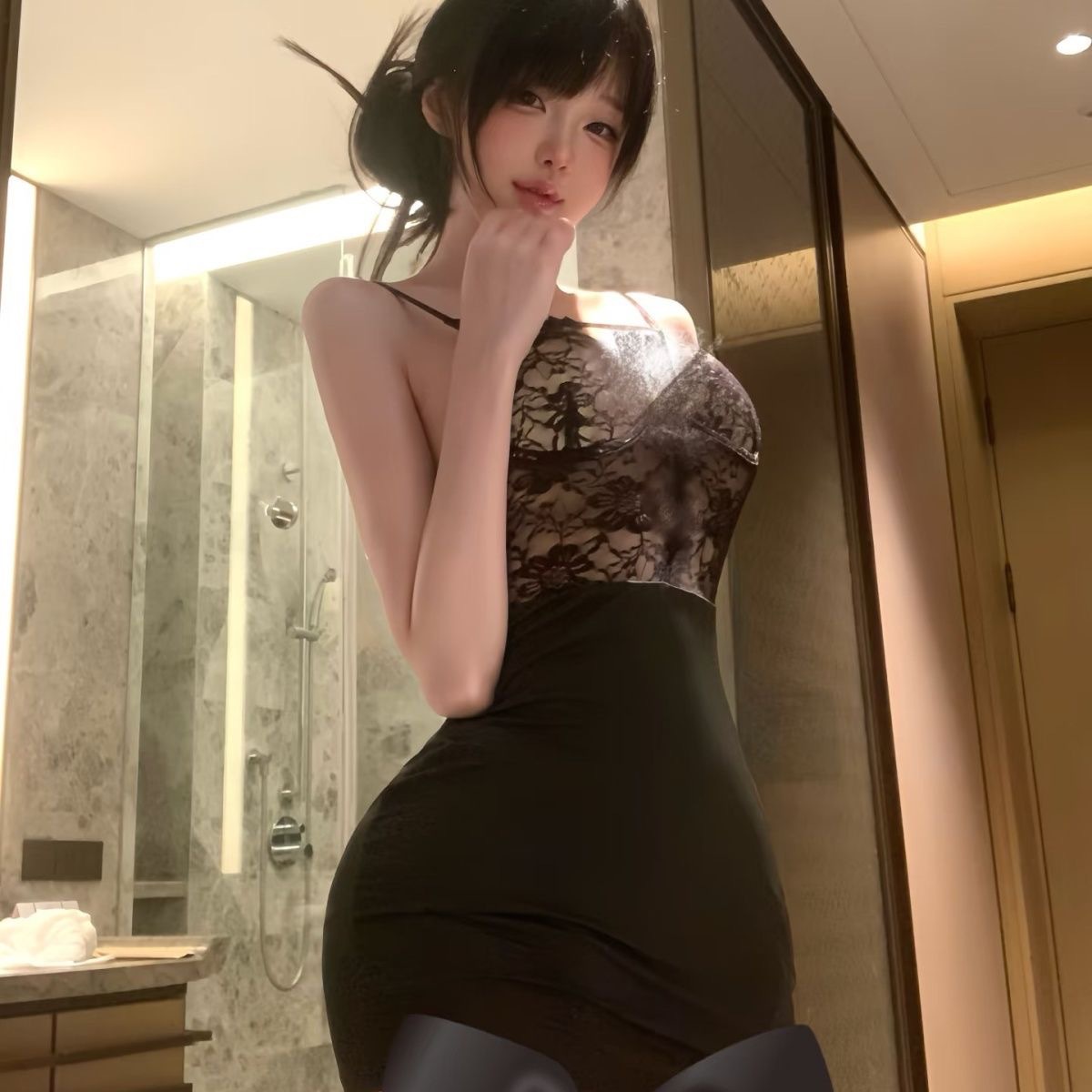 Sexy Lingerie Nightgown New Style Lace Underwire Chest Pad Hip-Covering Seductive Teasing No-Take-Off Nightclub Qqny Sexy Sleepwear