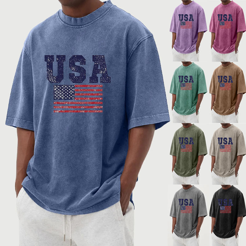 European and American Cross-Border New Summer Men's Retro Washed Vintage Flag Pattern Printed Trendy Casual Round Neck T-Shirt