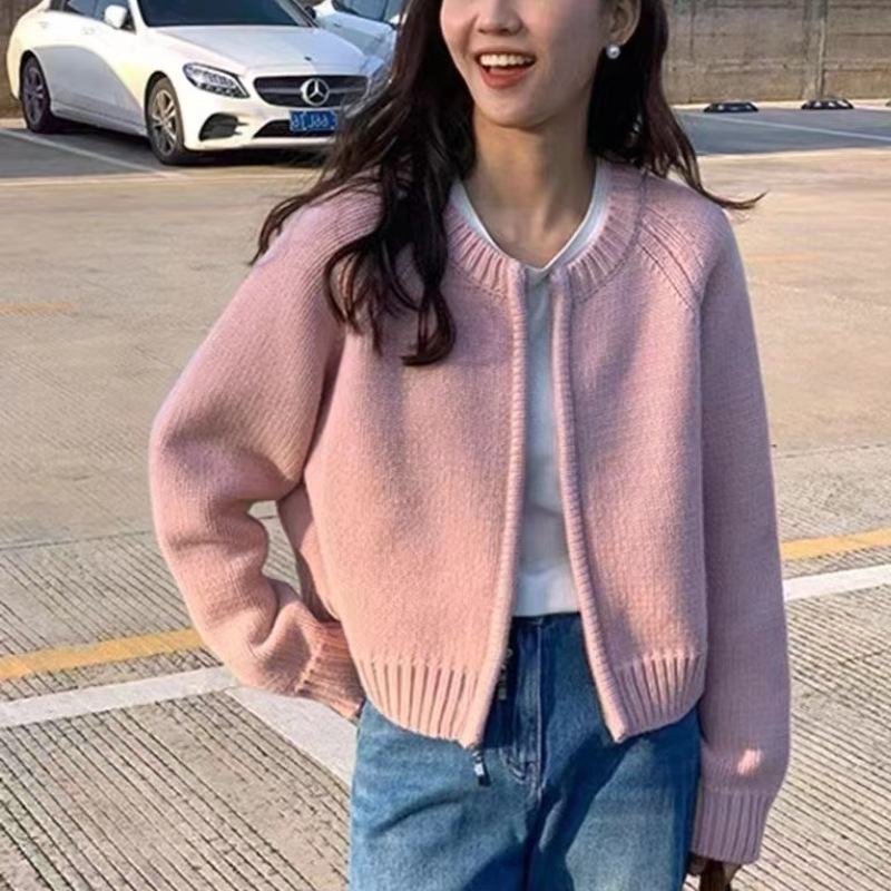 Loose Solid Color Cat Pattern Autumn Winter Short Sweater Coat Women's Thick Zipper Long Sleeve Knitted Cardigan Short Top