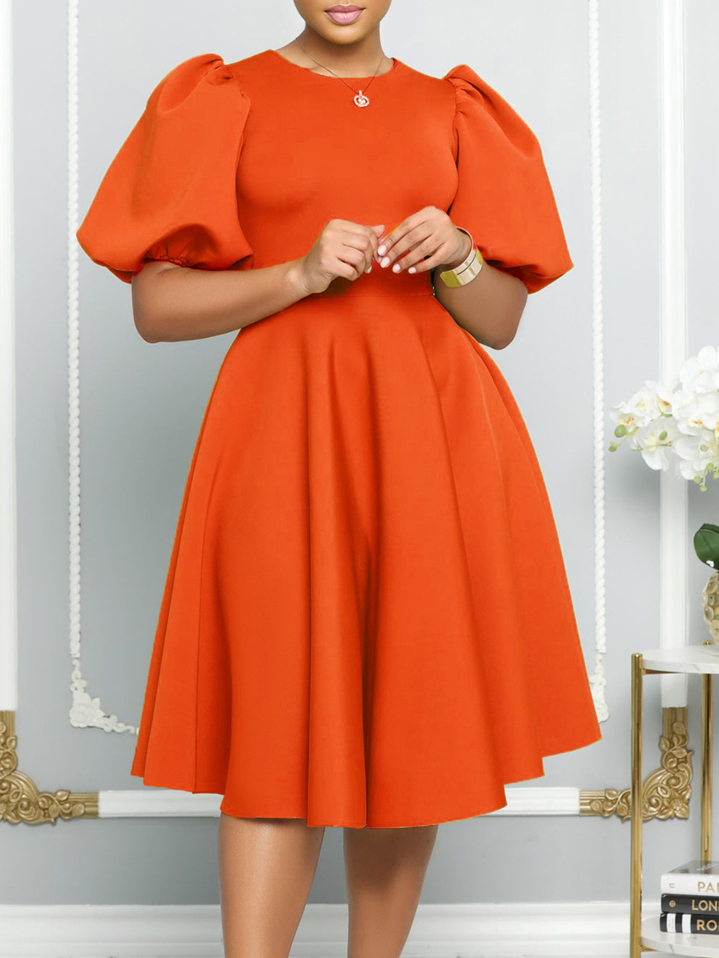 D3178 Cross-border European and American Amazon Crewneck Elegant Bubble Sleeve Waistline Dress A- word Foreign Trade Dress