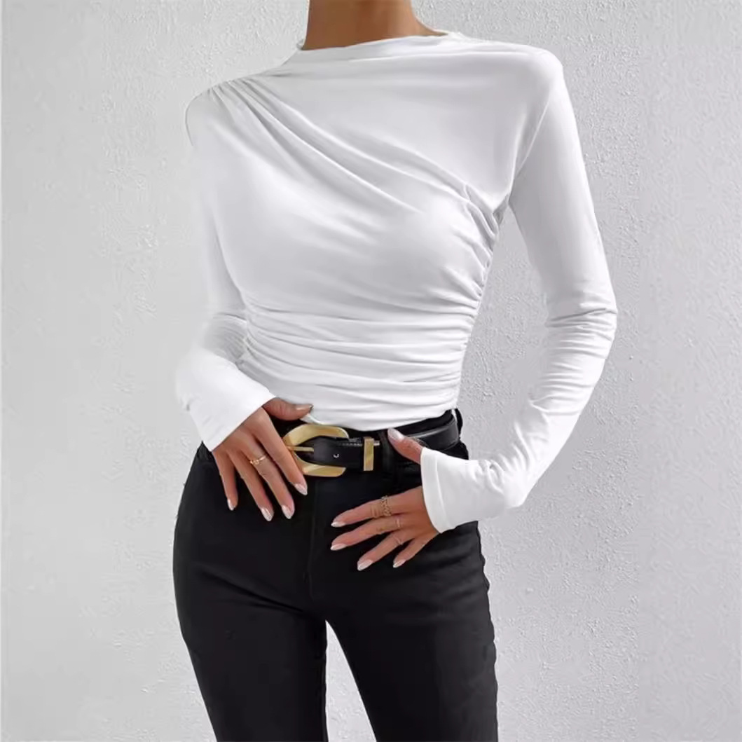 Cross-Border 2025 Summer European and American Pure Color Round Neck Slim Bottoming Shirt Versatile Pleated Design Women's Long-Sleeved Top
