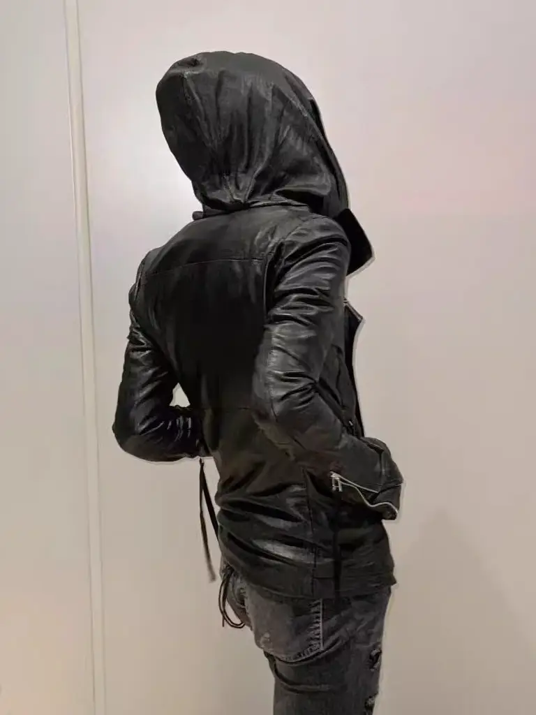 Super Vintage-Style Sheepskin Ekam Irregular Dark Avant-Garde Genuine Leather Double-Zip Hooded Leather Jacket Autumn Coat