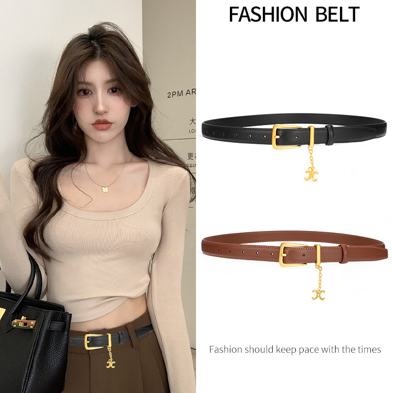 Arc de Triomphe Belt Women's Pin Buckle Chain Belt Women's Simple All-match Denim Dress Trouser Belt Pure Cowhide in stock