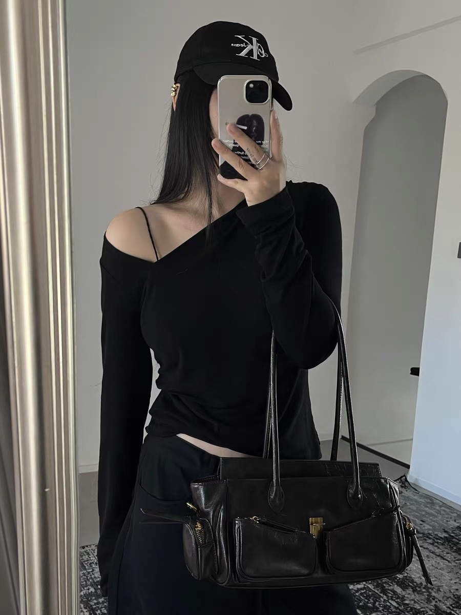 New Shoulder T-Shirt Asymmetrical Base Shirt Light Tencel Wool Blouse Slim Fit Pleated Long Sleeve Top 4513