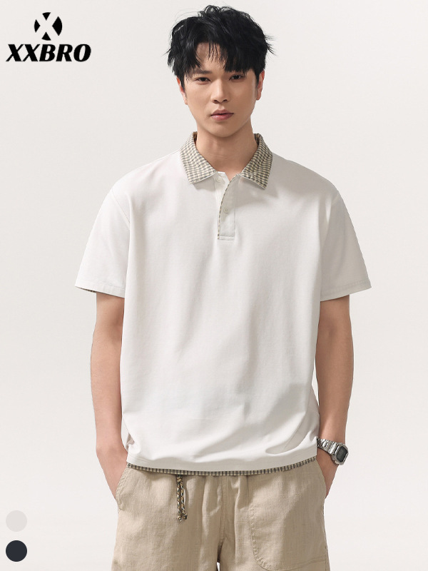 Muxi Clothing # Houndstooth Patchwork Polo Shirt, High-Quality Anti-Wrinkle Air Layer Short-Sleeve Cleanfit Old Money Style T-Shirt.