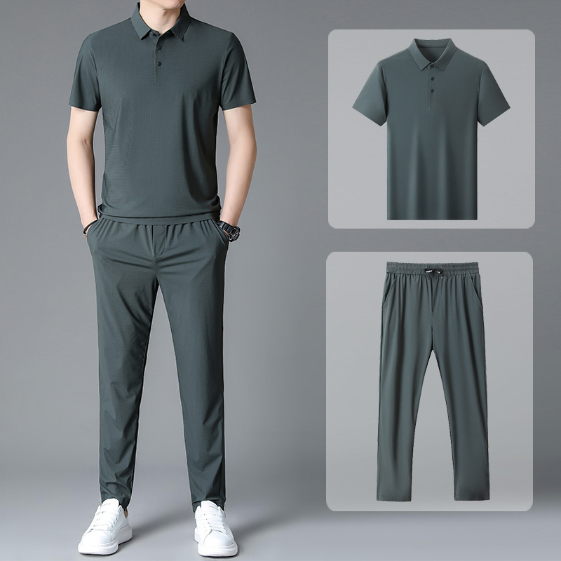 Men's Short-Sleeved T-Shirt and Long Pants Casual Suit, Men's Ice Silk Seamless Polo Two-Piece Set, Middle-Aged Dad Two-Piece Set