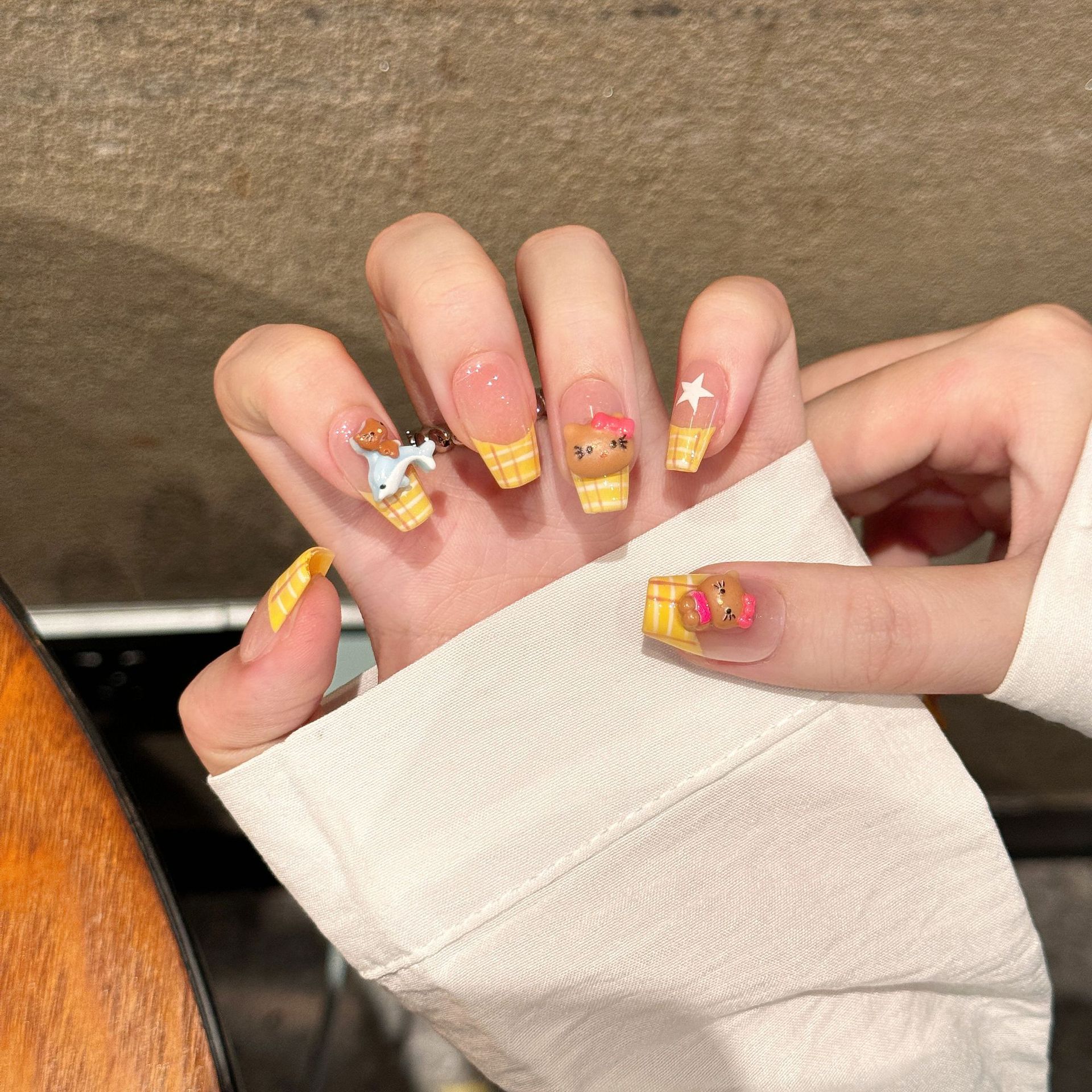 Rikman Yellow French Plaid Butter Cat Nail Art Summer Sweet Cute Girl Heart Handmade Nail Art