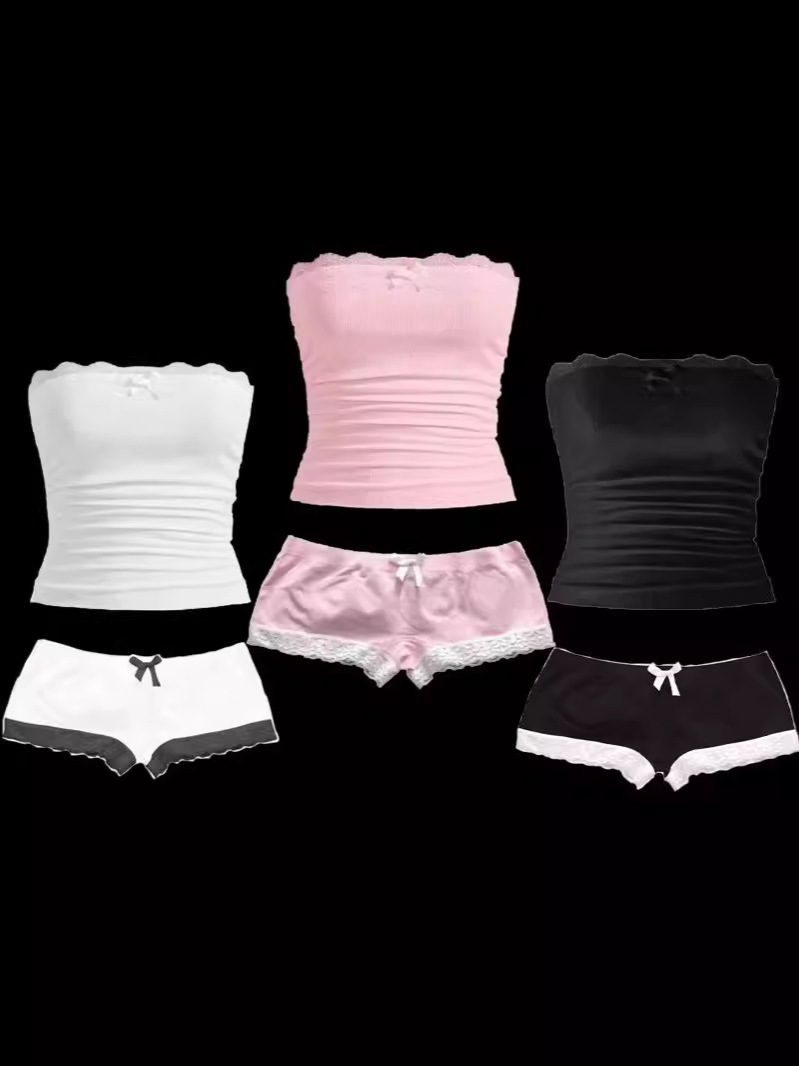 Cross-Border European and American Y2K Sweet Pure Desire Sexy Lace Bow Tube Top Crop Top Shorts Suit for Women