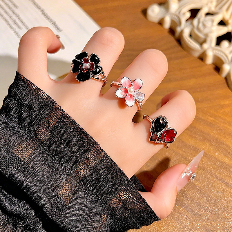 Sweet and Cool Red and Black Enamel Cherry Blossom Heart Zircon Open Ring, Personalized Retro Exquisite Niche Stackable Fashion Ring
