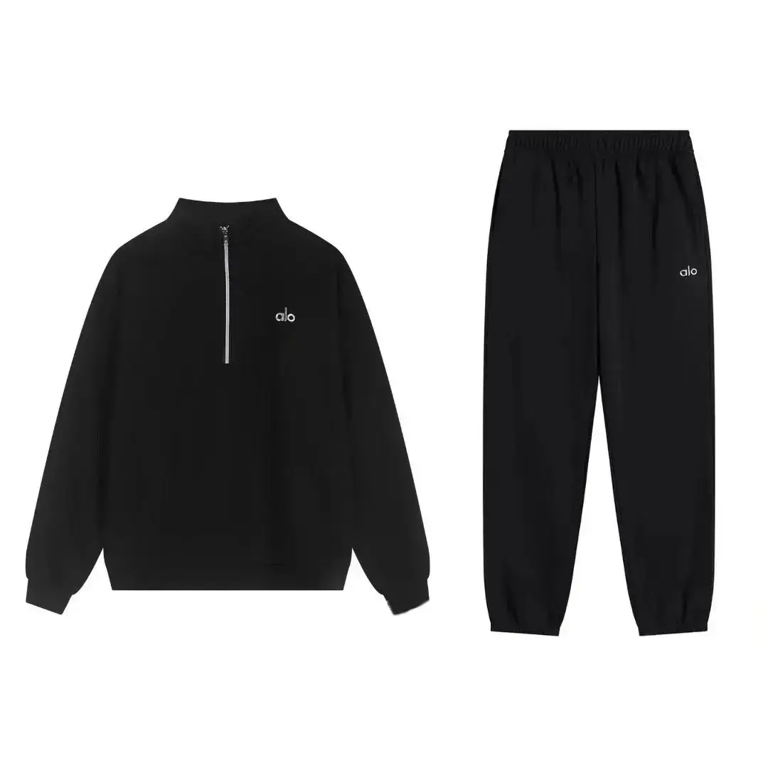 alo half zip sweatshirt and sweatpants set black