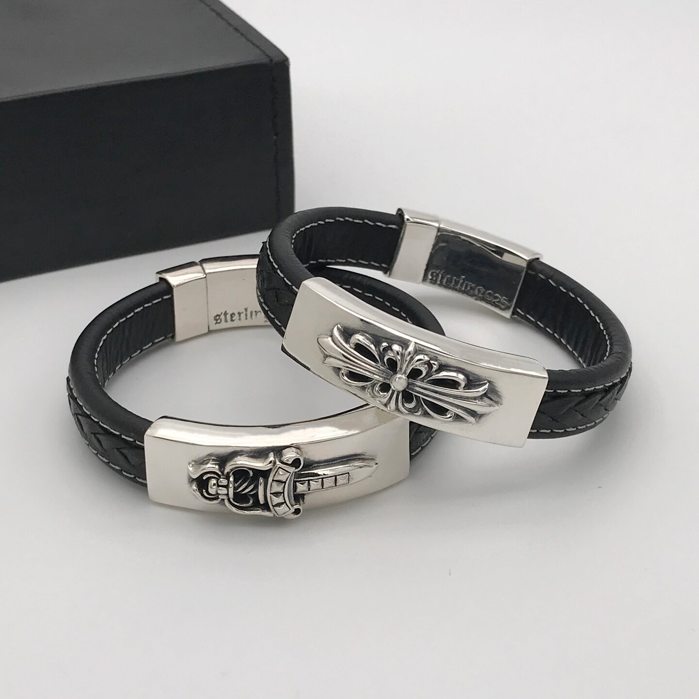 S925 Sterling Silver Bracelet, Retro Stylish Leather Cross Flower Bracelet, Men and Women Couple Style, European and American Trendy Jewelry
