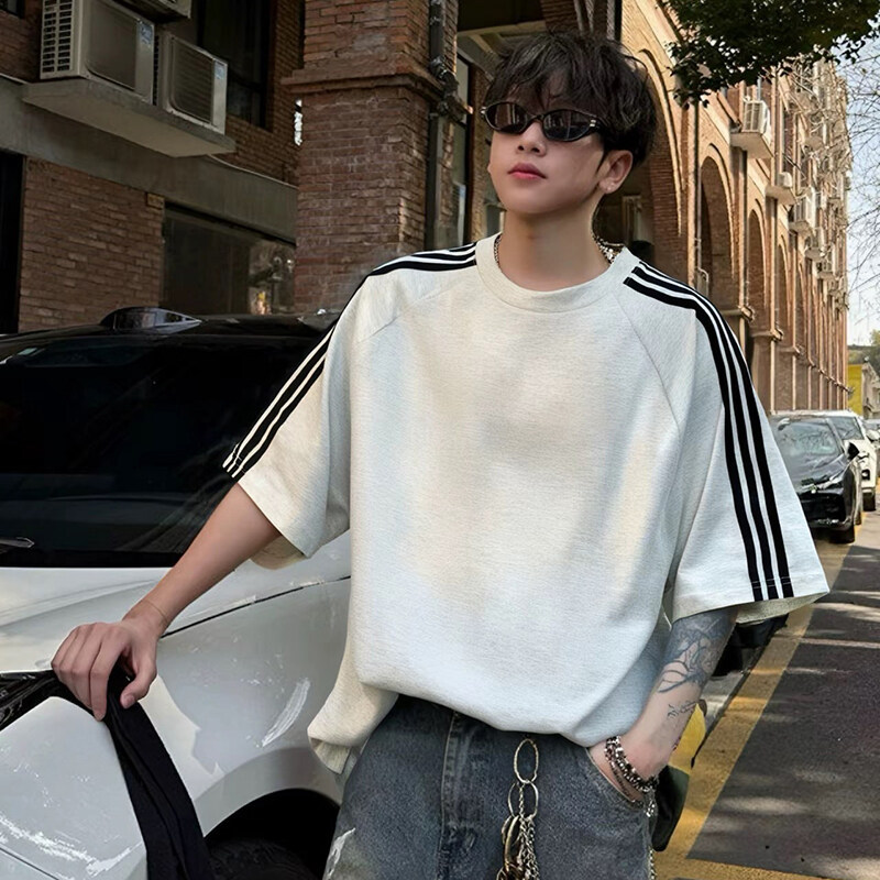 American Pure Cotton Three-Stripe Raglan Sleeve T-Shirt Men's Summer Loose Trendy Brand Short-Sleeved Couple Versatile Casual Top t