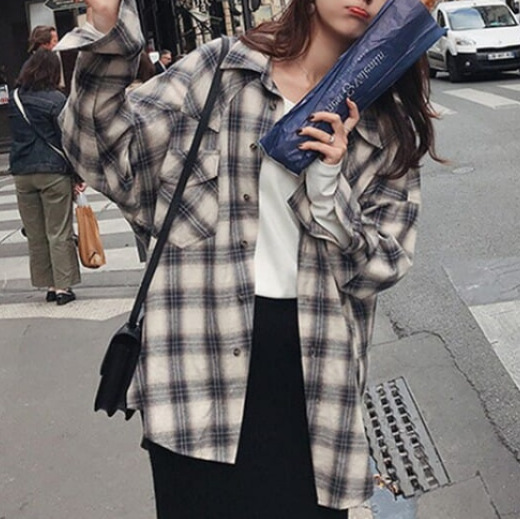 Chic Harajuku Style Plaid Shirt for Women Korean Style 2026 Spring New Retro Hong Kong Style Long-Sleeved Loose Shirt Jacket