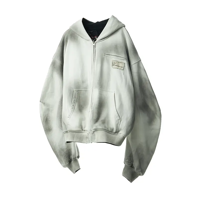 Emobrother "Inside Out" Reversible Stain-Washed Hooded Sweatshirt with Band Patch Print Hoodie