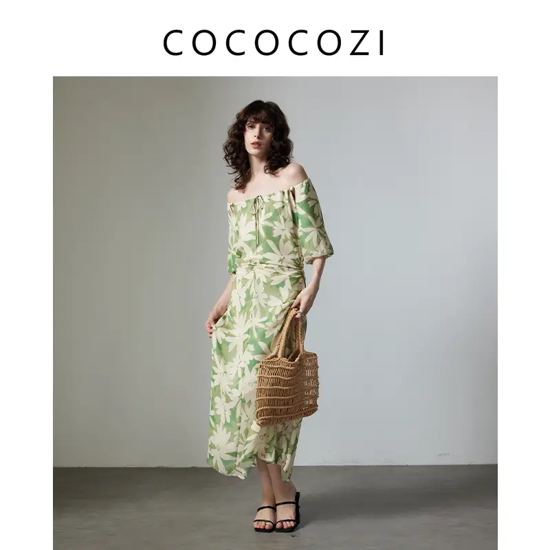 Cococozi Summer Elegant Retro Waist Floral Fashion Green Women's Dress 242Co051L