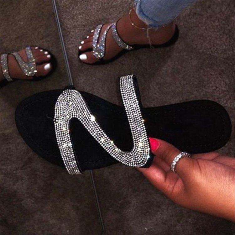 Foreign Trade Large Size Rhinestone Sandals New Z-Shaped Summer Flat Casual European and American Open Toe Roman Women's Slippers wish
